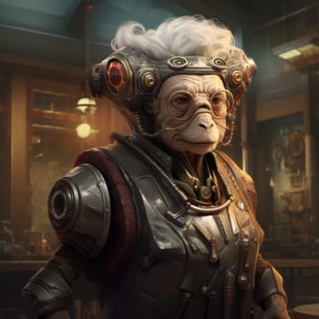 An extraordinary being stands proudly in a cluttered workshop, showcasing a blend of animal and humanoid features.