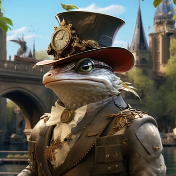 In a whimsical world, a frog dressed in an elegant suit and top hat gazes thoughtfully at a clock.