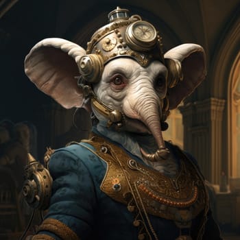 An extraordinary elephant character clad in elaborate steampunk attire, adorned with gears and a vintage hat. The setting features rich, warm tones, hinting at an imaginative, fantastical world.