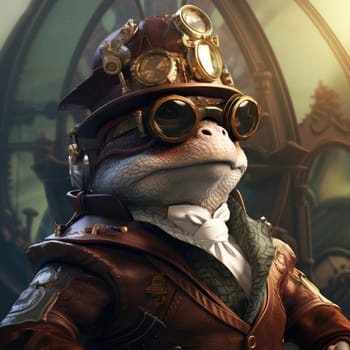 A sophisticated amphibian dons a stylish steampunk outfit featuring goggles and a dapper waistcoat.