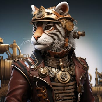 A majestic tiger dressed in steampunk attire stands proudly, adorned with intricate goggles and gear accessories.