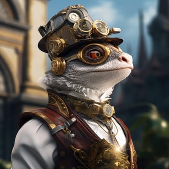 A striking lizard dressed in intricate steampunk attire stands confidently, donning a hat adorned with gears and goggles.