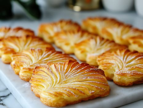 A plate of pastries with a leaf design on them. The pastries are arranged in a row on a marble countertop