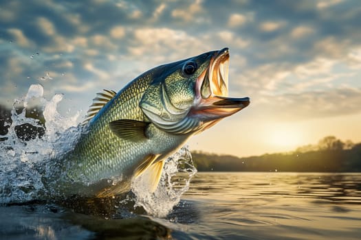 A large fish is leaping out of the water, creating a splash. The scene is set against a backdrop of a cloudy sky, adding a sense of drama and excitement to the image