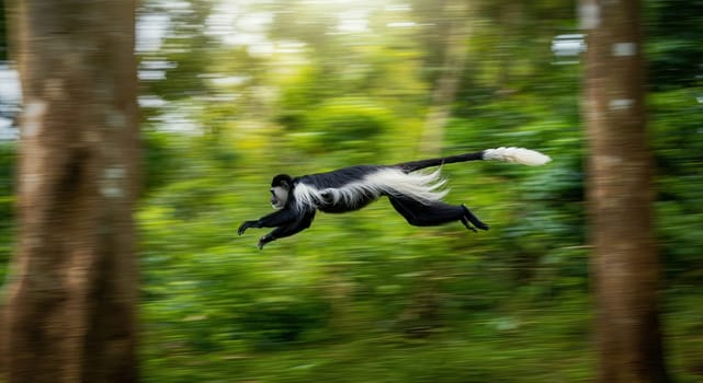 A black and white colobus monkey performs an agile leap amidst a rich, green forest, showcasing its acrobatic agility and vibrant fur contrasting against the blurred trees, the dynamic movement in its natural habitat.