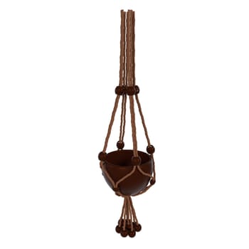 This macrame plant holder has a knotted design and a suspended brown bowl with beads.