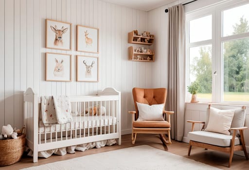 White wooden crib and delicate armchair in a country style children's bedroom. Home decor Template. AI generated. Ideal for Interior design magazines.