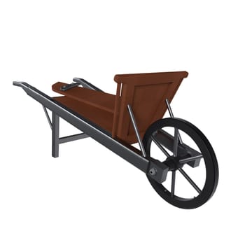 A sturdy wheelbarrow with a wooden seat designed for transporting materials outdoors.