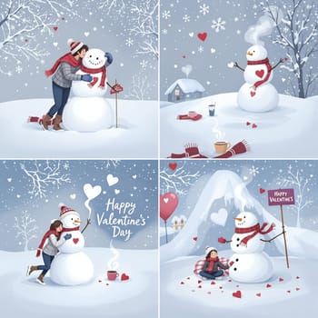 A charming Valentine's Day snowman surrounded by hearts and winter scenery, embodying love and seasonal cheer.