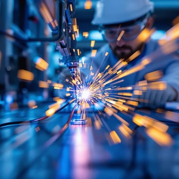 A close up of dynamic welding sparks in a high tech industrial setting, showcasing precision and innovation.
