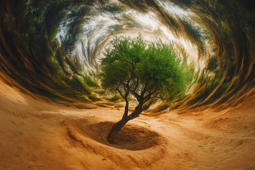 Experience a surreal view of a lush forest, where a single tree stands tall amidst a whirl of vibrant colors and textures, evoking a dreamlike atmosphere.