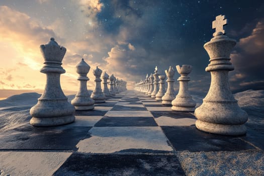 Dive into a captivating surreal landscape featuring giant chess pieces under a breathtaking cosmic sky, evoking a sense of wonder and imagination.
