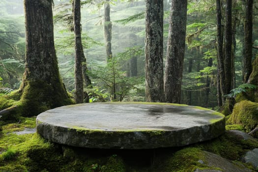 A serene forest scene featuring a moss-covered stone platform nestled among tall, lush trees. The atmosphere is tranquil with soft mist and natural beauty, creating a peaceful retreat.
