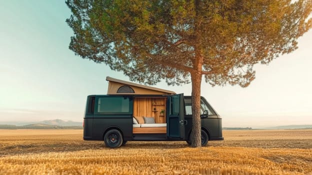 Camper van is parked in a field, its doors open to a beautiful day. The van is a symbol of freedom and adventure, and it's the perfect way to explore the great outdoors