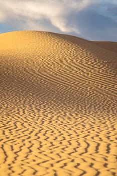 Portrait photo of sands in pattern over sand dunes, with the sun setting and casting shadows over the portrait image. Monahans sandhills, Texas