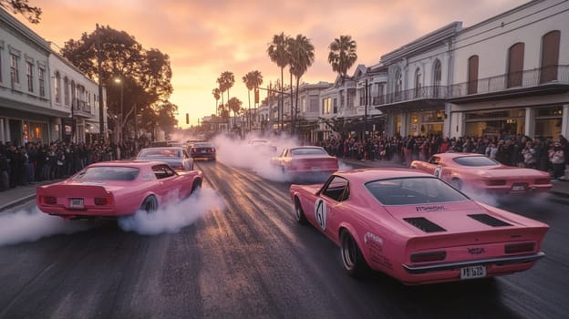 Pink customized classic american muscle cars driving down a city street at sunset, burning rubber as spectators watch from the sidewalks