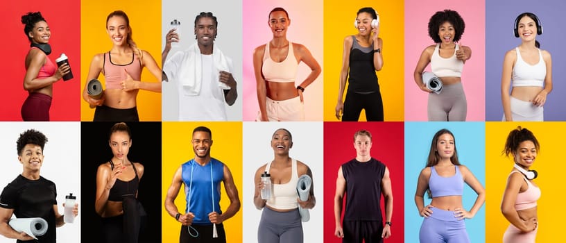 A vibrant collection of individuals engages in fitness activities, demonstrating enthusiasm for exercise, health, and wellness. Each person holds workout gear, highlighting their commitment.