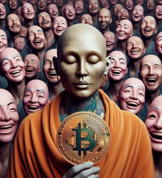 A man holding a Bitcoin coin in front of a crowd of people. Scene is lighthearted and humorous, as the people in the crowd are all smiling and laughing