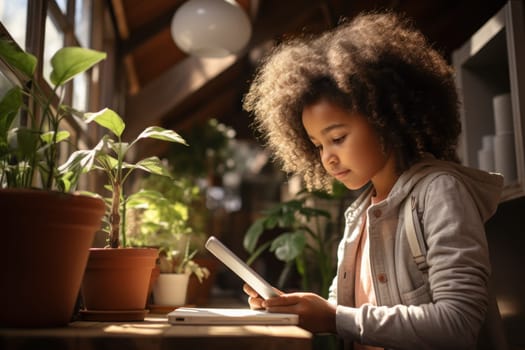 Young black girl browsing on a tablet pc at cozy home. Generative ai.