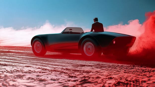 Businessman is stepping out of a futuristic black convertible on a red planet, leaving a cloud of red dust behind him