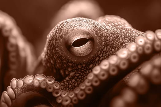 Close-up of octopus eye in mocha mousse. Color of the year 2025. Underwater world.