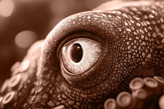 Close-up of octopus eye in mocha mousse. Color of the year 2025. Underwater world.