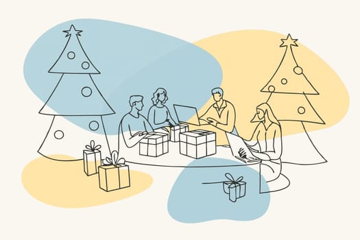 Christmas-Themed Collaborative Office Meeting Illustration.A digital illustration depicting a Christmas-themed collaborative office meeting in a modern workplace. Employees are gathered in a festive atmosphere, brainstorming projects amidst gift boxes, a Christmas tree, and holiday decorations. The background features twinkling Christmas lights, emphasizing a warm and cheerful work environment.