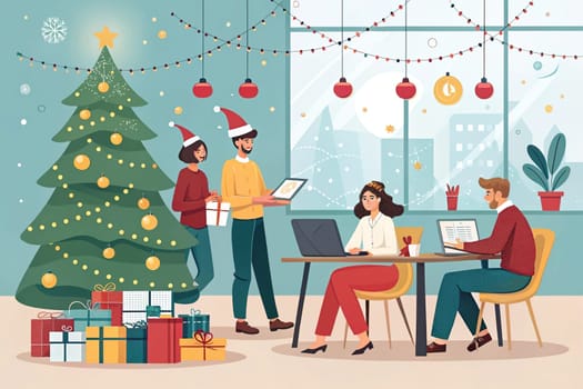 Christmas-Themed Collaborative Office Meeting Illustration.A digital illustration depicting a Christmas-themed collaborative office meeting in a modern workplace. Employees are gathered in a festive atmosphere, brainstorming projects amidst gift boxes, a Christmas tree, and holiday decorations. The background features twinkling Christmas lights, emphasizing a warm and cheerful work environment.