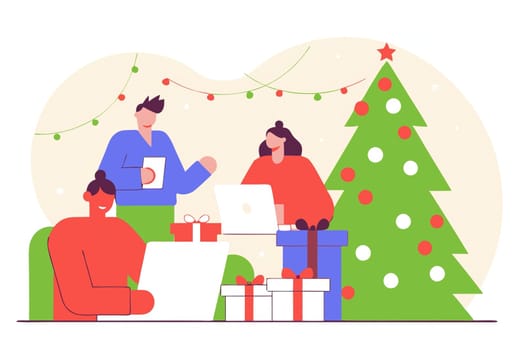 Christmas-Themed Collaborative Office Meeting Illustration.A digital illustration depicting a Christmas-themed collaborative office meeting in a modern workplace. Employees are gathered in a festive atmosphere, brainstorming projects amidst gift boxes, a Christmas tree, and holiday decorations. The background features twinkling Christmas lights, emphasizing a warm and cheerful work environment.