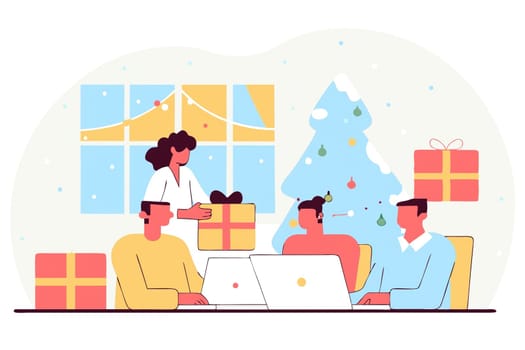 Christmas-Themed Collaborative Office Meeting Illustration.A digital illustration depicting a Christmas-themed collaborative office meeting in a modern workplace. Employees are gathered in a festive atmosphere, brainstorming projects amidst gift boxes, a Christmas tree, and holiday decorations. The background features twinkling Christmas lights, emphasizing a warm and cheerful work environment.