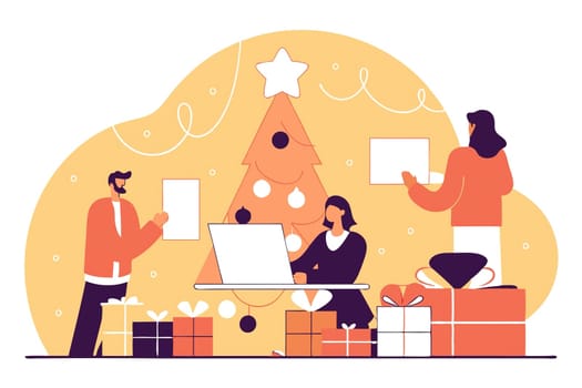 Christmas-Themed Collaborative Office Meeting Illustration.A digital illustration depicting a Christmas-themed collaborative office meeting in a modern workplace. Employees are gathered in a festive atmosphere, brainstorming projects amidst gift boxes, a Christmas tree, and holiday decorations. The background features twinkling Christmas lights, emphasizing a warm and cheerful work environment.