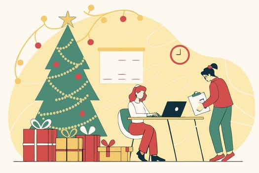 Christmas-Themed Collaborative Office Meeting Illustration.A digital illustration depicting a Christmas-themed collaborative office meeting in a modern workplace. Employees are gathered in a festive atmosphere, brainstorming projects amidst gift boxes, a Christmas tree, and holiday decorations. The background features twinkling Christmas lights, emphasizing a warm and cheerful work environment.