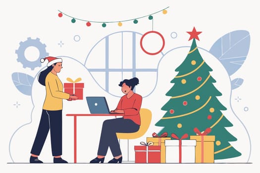 Christmas-Themed Collaborative Office Meeting Illustration.A digital illustration depicting a Christmas-themed collaborative office meeting in a modern workplace. Employees are gathered in a festive atmosphere, brainstorming projects amidst gift boxes, a Christmas tree, and holiday decorations. The background features twinkling Christmas lights, emphasizing a warm and cheerful work environment.