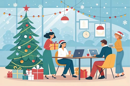 Christmas-Themed Collaborative Office Meeting Illustration.A digital illustration depicting a Christmas-themed collaborative office meeting in a modern workplace. Employees are gathered in a festive atmosphere, brainstorming projects amidst gift boxes, a Christmas tree, and holiday decorations. The background features twinkling Christmas lights, emphasizing a warm and cheerful work environment.