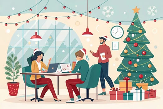 Christmas-Themed Collaborative Office Meeting Illustration.A digital illustration depicting a Christmas-themed collaborative office meeting in a modern workplace. Employees are gathered in a festive atmosphere, brainstorming projects amidst gift boxes, a Christmas tree, and holiday decorations. The background features twinkling Christmas lights, emphasizing a warm and cheerful work environment.