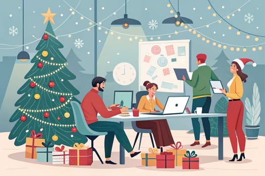 Christmas-Themed Collaborative Office Meeting Illustration.A digital illustration depicting a Christmas-themed collaborative office meeting in a modern workplace. Employees are gathered in a festive atmosphere, brainstorming projects amidst gift boxes, a Christmas tree, and holiday decorations. The background features twinkling Christmas lights, emphasizing a warm and cheerful work environment.