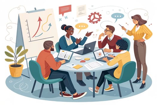 Collaborative Office Meeting.The image depicts a group individuals engaged in a collaborative office meeting around a circular table. The participants are involved in various activities such as working on laptops, taking notes, and discussing documents. The setting includes several elements that indicate a professional environment: charts and graphs on the walls, a clock, potted plants, and office supplies.