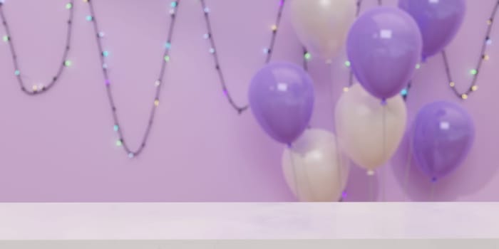 A soft and inviting party scene featuring purple and white balloons with string lights on a pastel purple background.