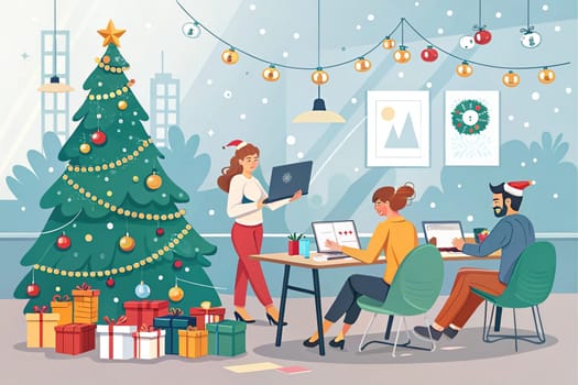 Christmas-Themed Collaborative Office Meeting Illustration.A digital illustration depicting a Christmas-themed collaborative office meeting in a modern workplace. Employees are gathered in a festive atmosphere, brainstorming projects amidst gift boxes, a Christmas tree, and holiday decorations. The background features twinkling Christmas lights, emphasizing a warm and cheerful work environment.