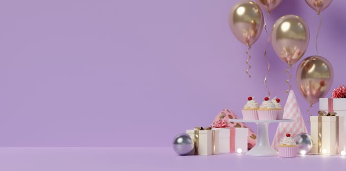 Festive purple-themed party scene with cupcakes, balloons, and gift boxes, providing a cheerful and colorful atmosphere.