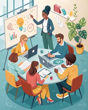 Collaborative Office Meeting.The image depicts a group individuals engaged in a collaborative office meeting around a circular table. The participants are involved in various activities such as working on laptops, taking notes, and discussing documents. The setting includes several elements that indicate a professional environment: charts and graphs on the walls, a clock, potted plants, and office supplies.