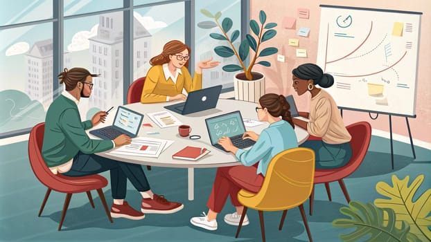 Collaborative Office Meeting.The image depicts a group individuals engaged in a collaborative office meeting around a circular table. The participants are involved in various activities such as working on laptops, taking notes, and discussing documents. The setting includes several elements that indicate a professional environment: charts and graphs on the walls, a clock, potted plants, and office supplies.