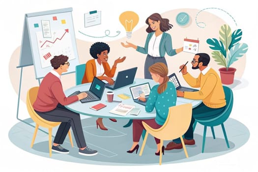Collaborative Office Meeting.The image depicts a group individuals engaged in a collaborative office meeting around a circular table. The participants are involved in various activities such as working on laptops, taking notes, and discussing documents. The setting includes several elements that indicate a professional environment: charts and graphs on the walls, a clock, potted plants, and office supplies.
