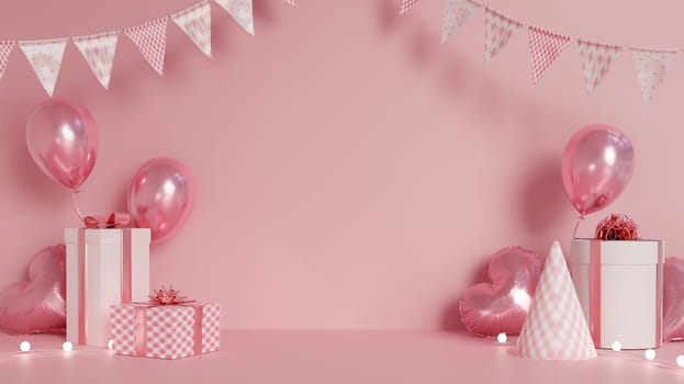 Charming pink background showcasing gift boxes, metallic balloons, and festive party hats for a celebratory vibe.