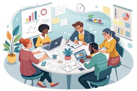 Collaborative Office Meeting.The image depicts a group individuals engaged in a collaborative office meeting around a circular table. The participants are involved in various activities such as working on laptops, taking notes, and discussing documents. The setting includes several elements that indicate a professional environment: charts and graphs on the walls, a clock, potted plants, and office supplies.