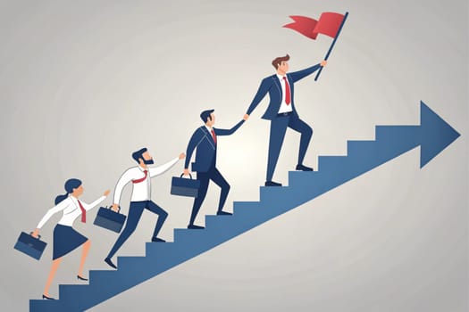 Teamwork and Leadership Achieving Success Concept. In the graphic, a group of professionals are moving up a staircase consisting of consecutive blue bars. The leader at the front carries a flag symbolizing success, while other members hold hands to support. This visual emphasizes the importance of teamwork, leadership, and achieving success together. The gray background offers simplicity with a minimal design approach.