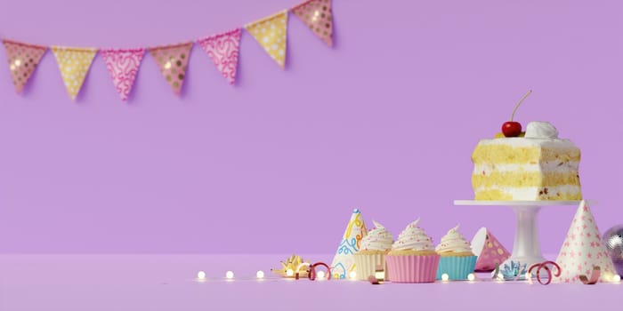 Cheerful party scene with cake and colorful cupcakes, decorated with party hats and flag banners on a purple background.