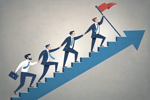 Teamwork and Leadership Achieving Success Concept. In the graphic, a group of professionals are moving up a staircase consisting of consecutive blue bars. The leader at the front carries a flag symbolizing success, while other members hold hands to support. This visual emphasizes the importance of teamwork, leadership, and achieving success together. The gray background offers simplicity with a minimal design approach.