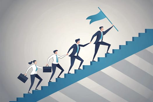 Teamwork and Leadership Achieving Success Concept. In the graphic, a group of professionals are moving up a staircase consisting of consecutive blue bars. The leader at the front carries a flag symbolizing success, while other members hold hands to support. This visual emphasizes the importance of teamwork, leadership, and achieving success together. The gray background offers simplicity with a minimal design approach.