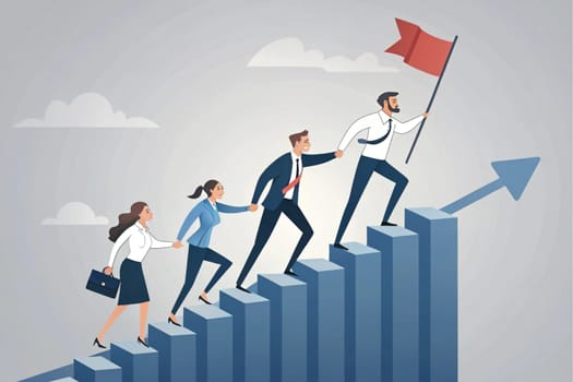 Teamwork and Leadership Achieving Success Concept. In the graphic, a group of professionals are moving up a staircase consisting of consecutive blue bars. The leader at the front carries a flag symbolizing success, while other members hold hands to support. This visual emphasizes the importance of teamwork, leadership, and achieving success together. The gray background offers simplicity with a minimal design approach.